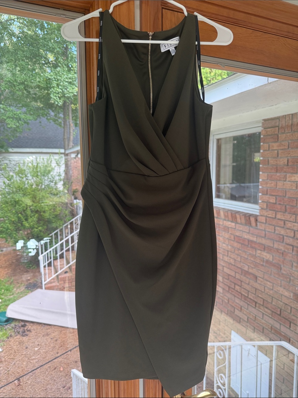 Siena Studio Olive Green Draped Faux-Wrap Midi Dress